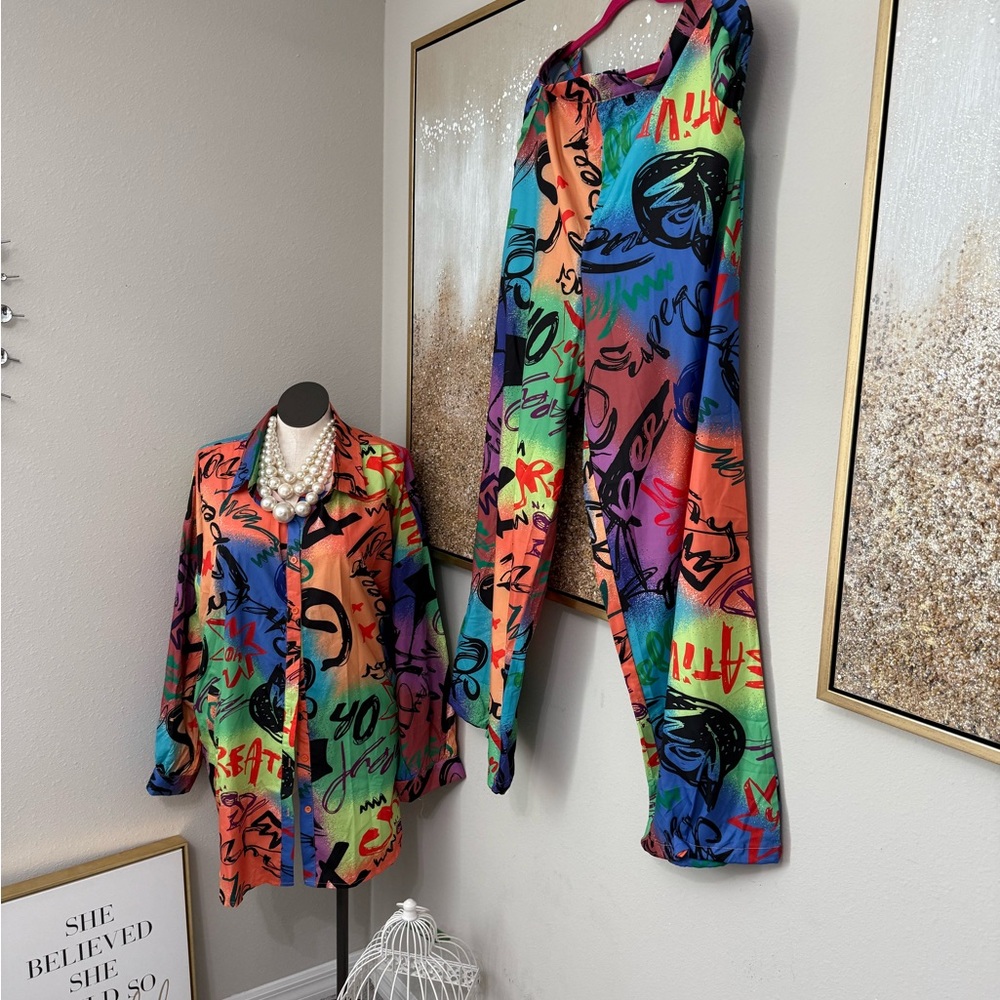 Plus size Colorful Graffiti Print 2pc Set -3X